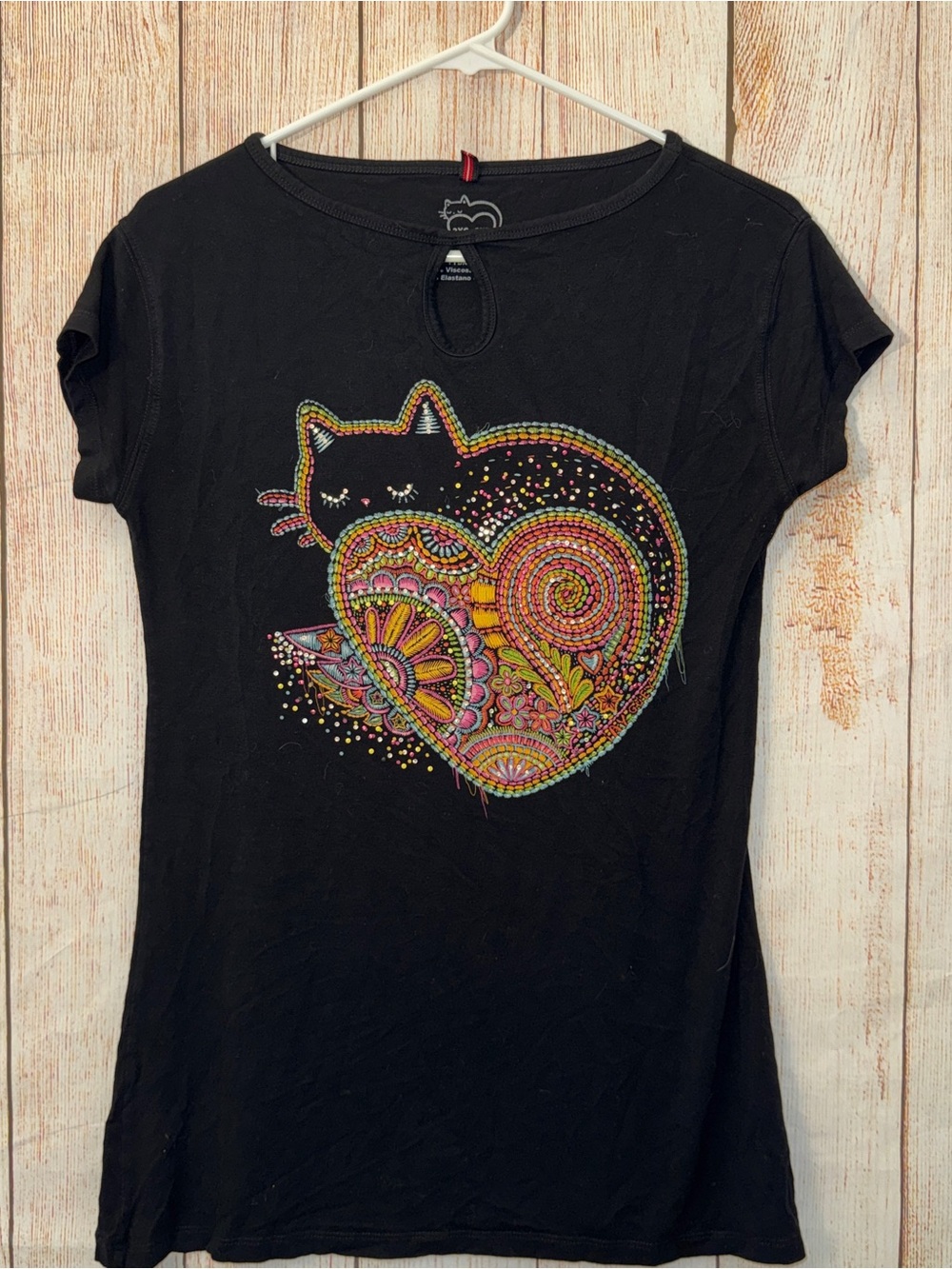Mexican Art inspired Black Fitted Short-Sleeve Embellished Cat Tee Sz M/L